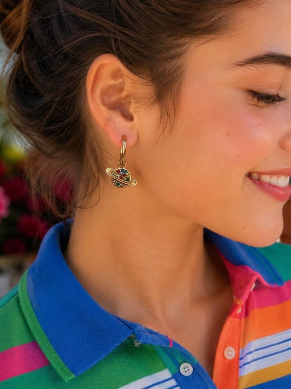 New Artisan Gold Filled Planet Saturn Earrings Multicolor Rhinestones Dangling